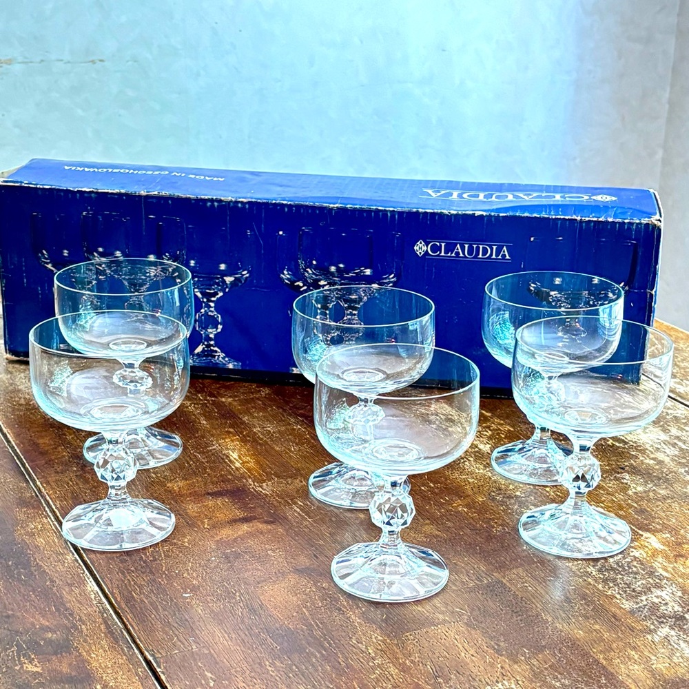 Vintage Set of 6 Claudia Czechoslovakia Champagne Saucer cut knob stem in box